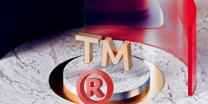 golden,trademark,icon,with,white,marble,and,red,glass.,3d